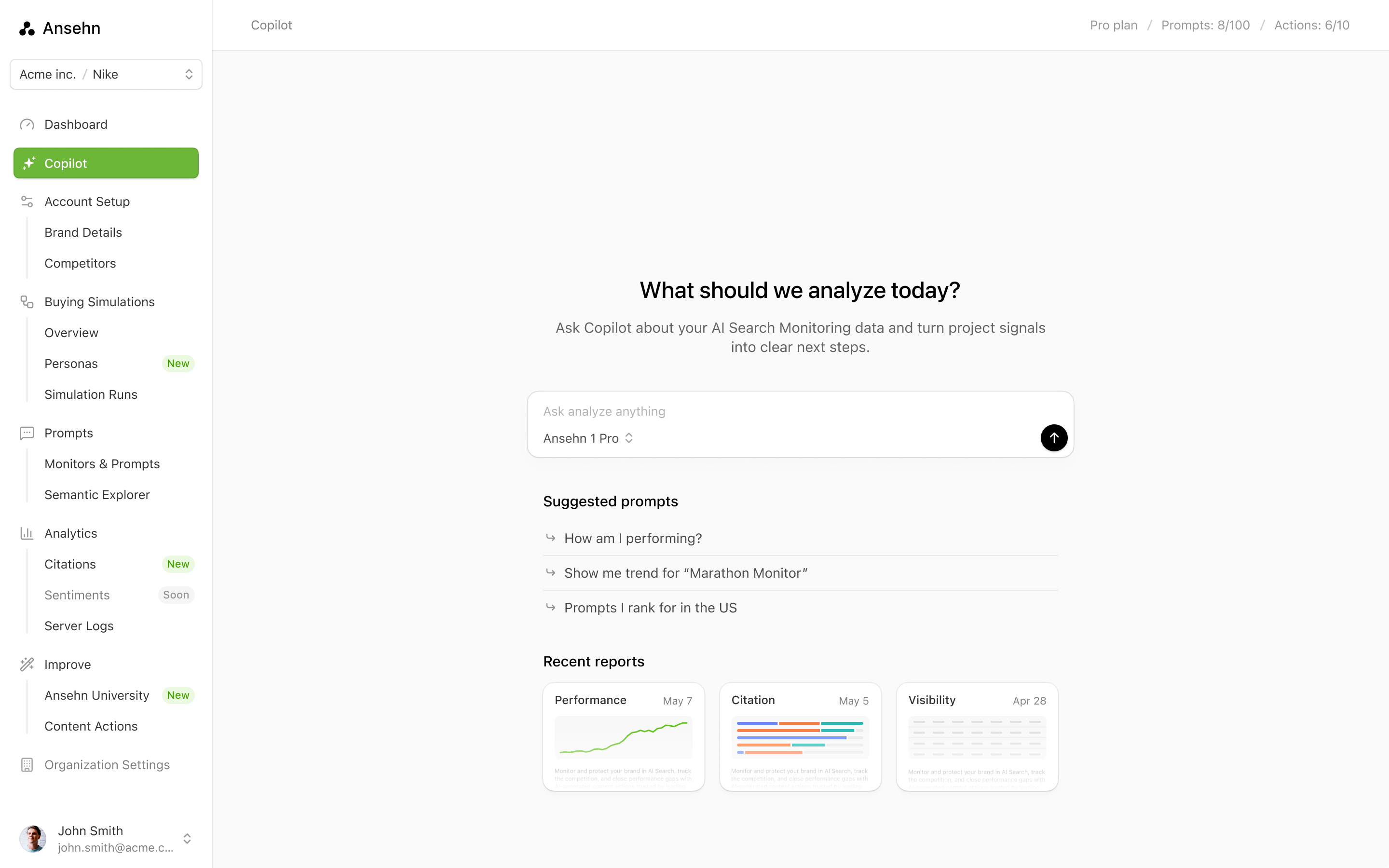 Copilot lives in the left sidebar of every Ansehn project. Start with a suggested prompt or type your own question.