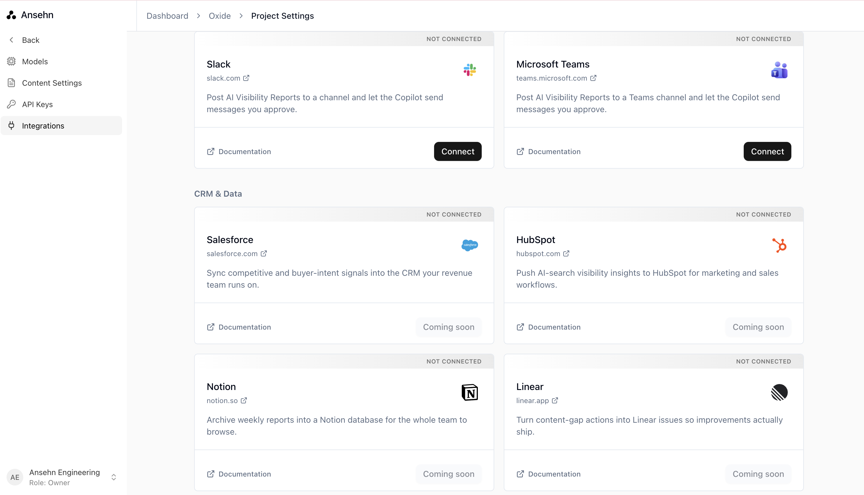 Ansehn Integrations directory in Project Settings showing Slack and Microsoft Teams marked as connected, with additional integrations across CRM, data, and CMS categories.