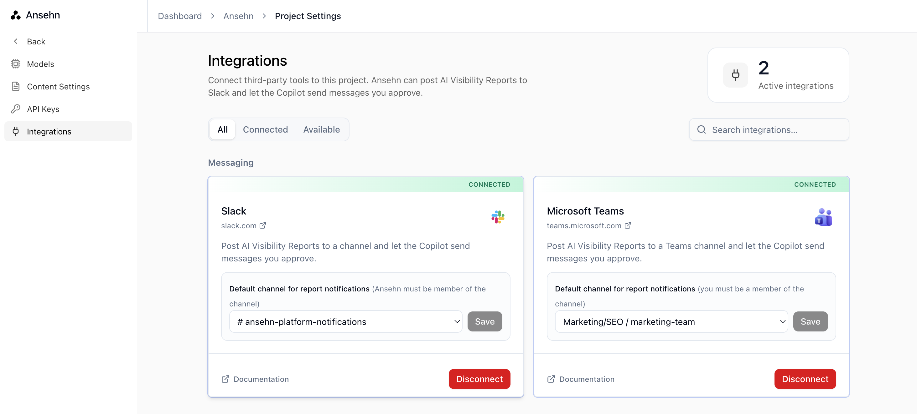 Slack and Microsoft Teams integration cards in the Ansehn Project Settings directory, each showing a Connect button and a description of the notifications and Copilot workflow.