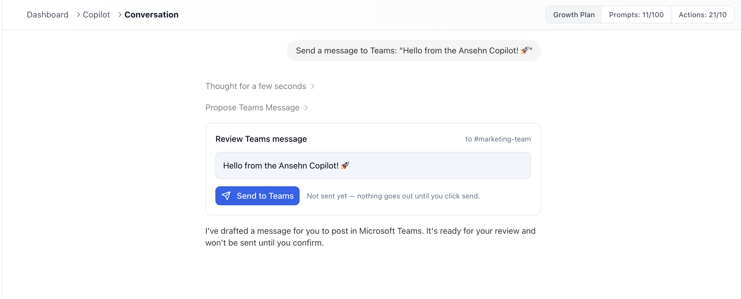 Ansehn Copilot preparing a draft message for Microsoft Teams, showing a Review Teams message panel, a Send to Teams button, and a note confirming that nothing will send until the user clicks send.