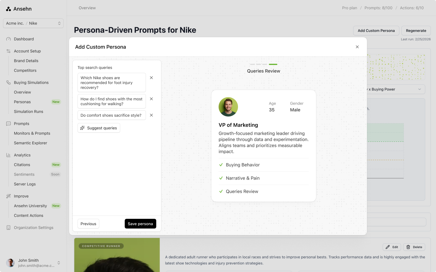 The Add Custom Persona wizard in Ansehn, showing the steps to build a persona with avatar, title, age, gender, background, buying behavior, narrative and pain, and queries review.